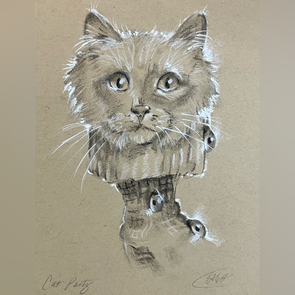 Original Cat Art kitten ladybug artwork Artettina Signed 2026 Charcoal Pastel US